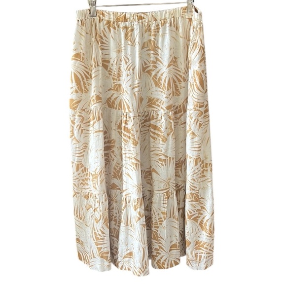 C&C California Sz L Linen Blend Pullon Tiered Midi Skirt Palm Leaf Print Tan - Picture 1 of 9